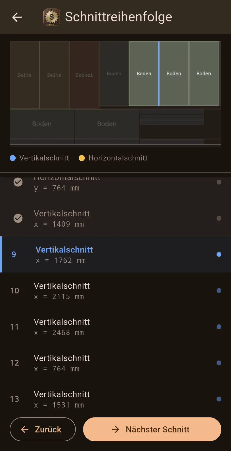 Schnittreihenfolge in Sawvy: Plattenansicht mit markiertem Vertikalschnitt, darunter die nummerierte Liste der Schnitte mit Position in Millimetern und die Schaltfläche „Nächster Schnitt“.