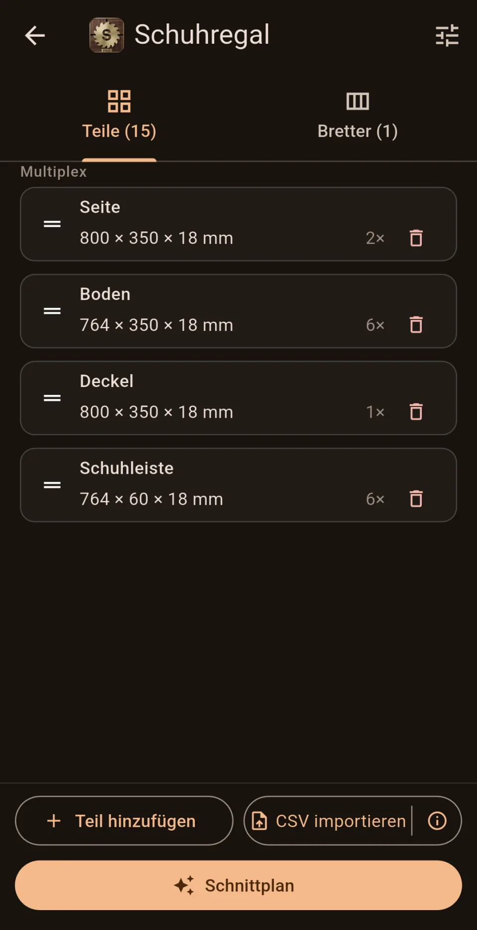 Teileliste des Projekts „Schuhregal“ in Sawvy: Seite, Boden, Deckel und Schuhleiste aus Multiplex mit Maßen in Millimetern und Stückzahl.